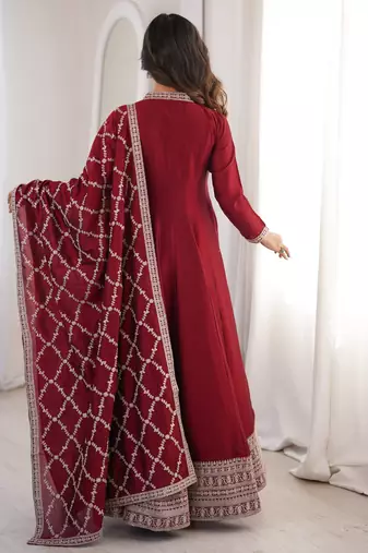 maroon vichitra silk anarkali gown with embroider