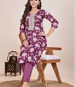 Wine  printed cotton blend kurta pant set