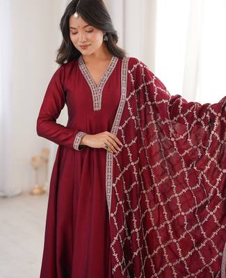 maroon vichitra silk anarkali gown with embroider 4