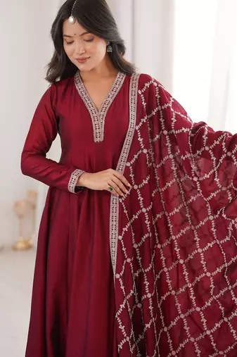 maroon vichitra silk anarkali gown with embroider