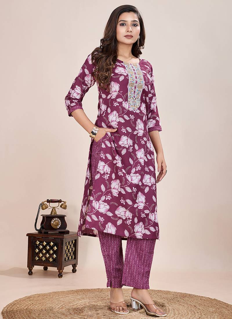 Wine  printed cotton blend kurta pant set