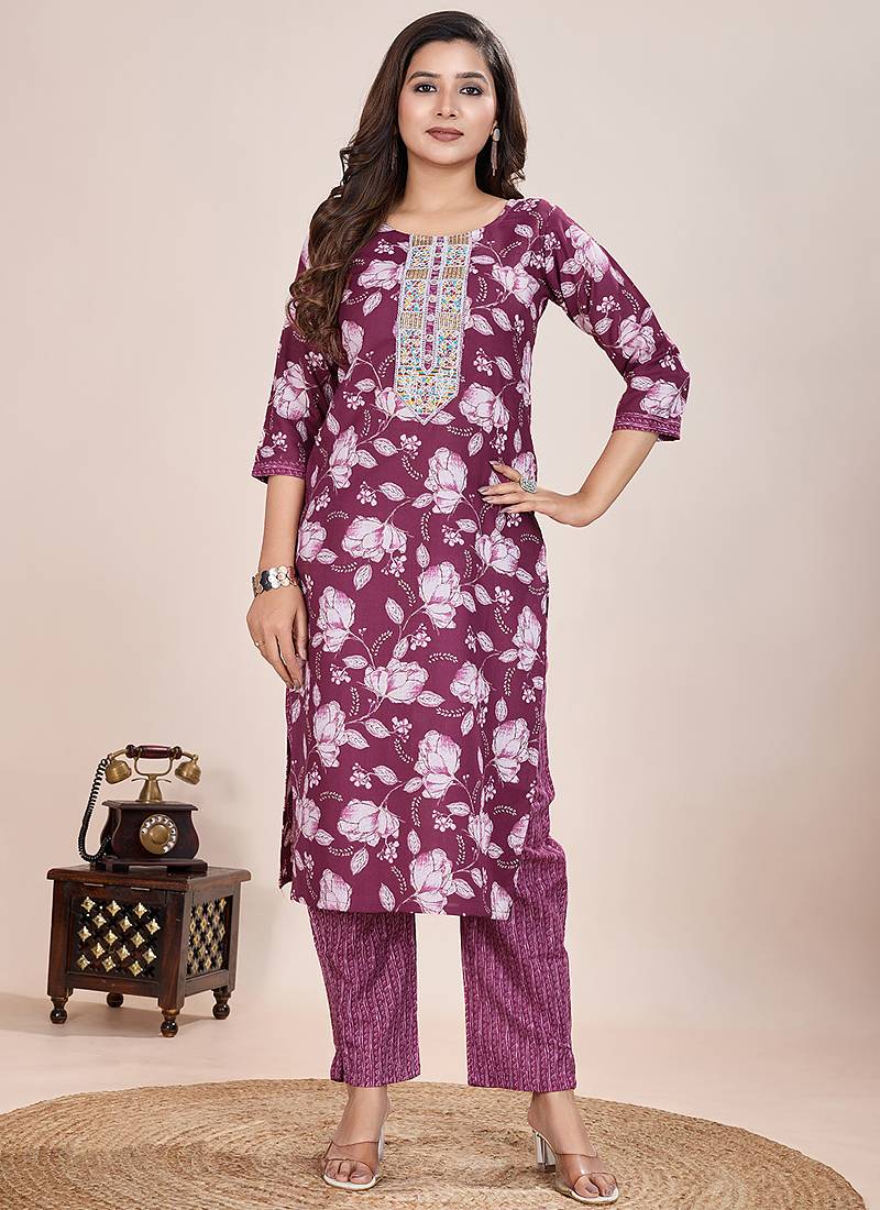 Wine  printed cotton blend kurta pant set