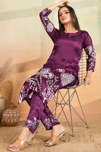 Purple printed cotton reyon kurta pant set