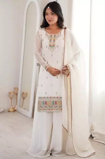 Elegant white silk designer kurta plazaa set with lace dupatta