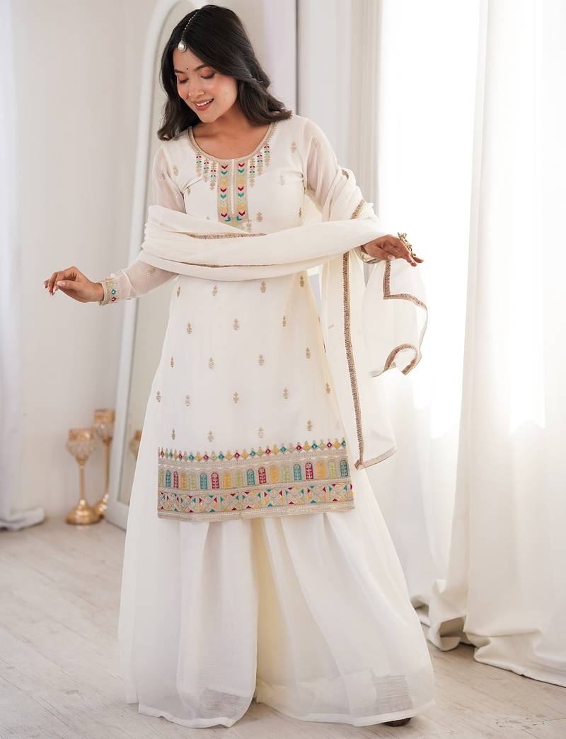Elegant white silk designer kurta plazaa set with lace dupatta