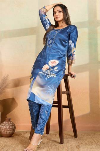 Blue printed cotton reyon kurta pant set