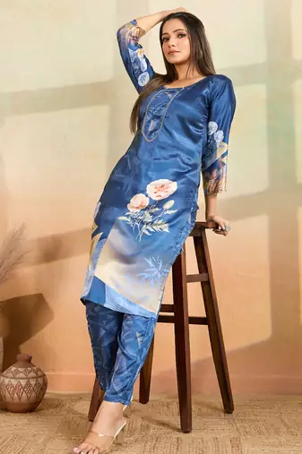 Blue printed cotton reyon kurta pant set