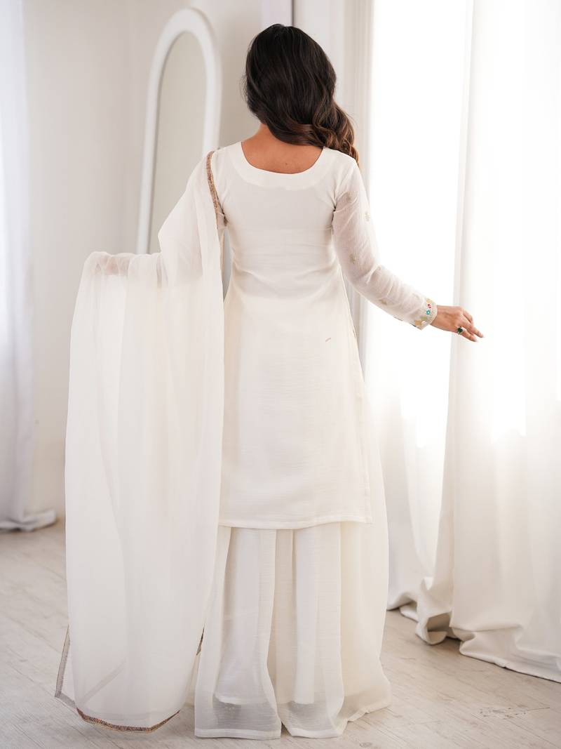 Elegant white silk designer kurta plazaa set with lace dupatta