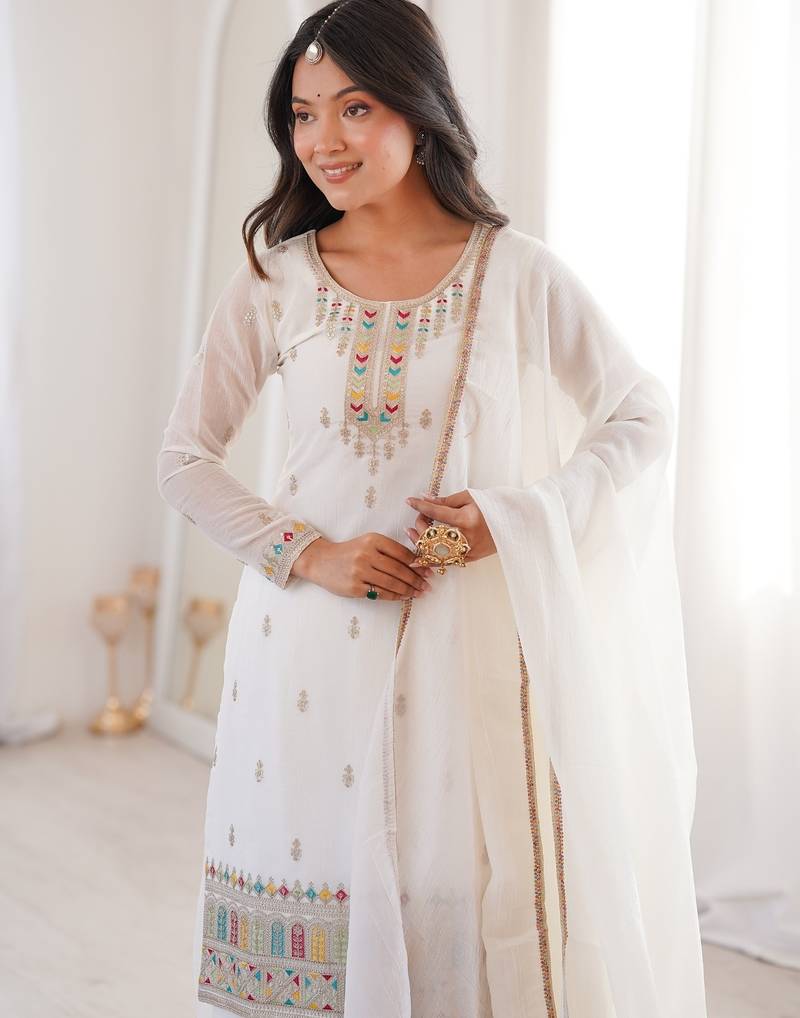 Elegant white silk designer kurta plazaa set with lace dupatta