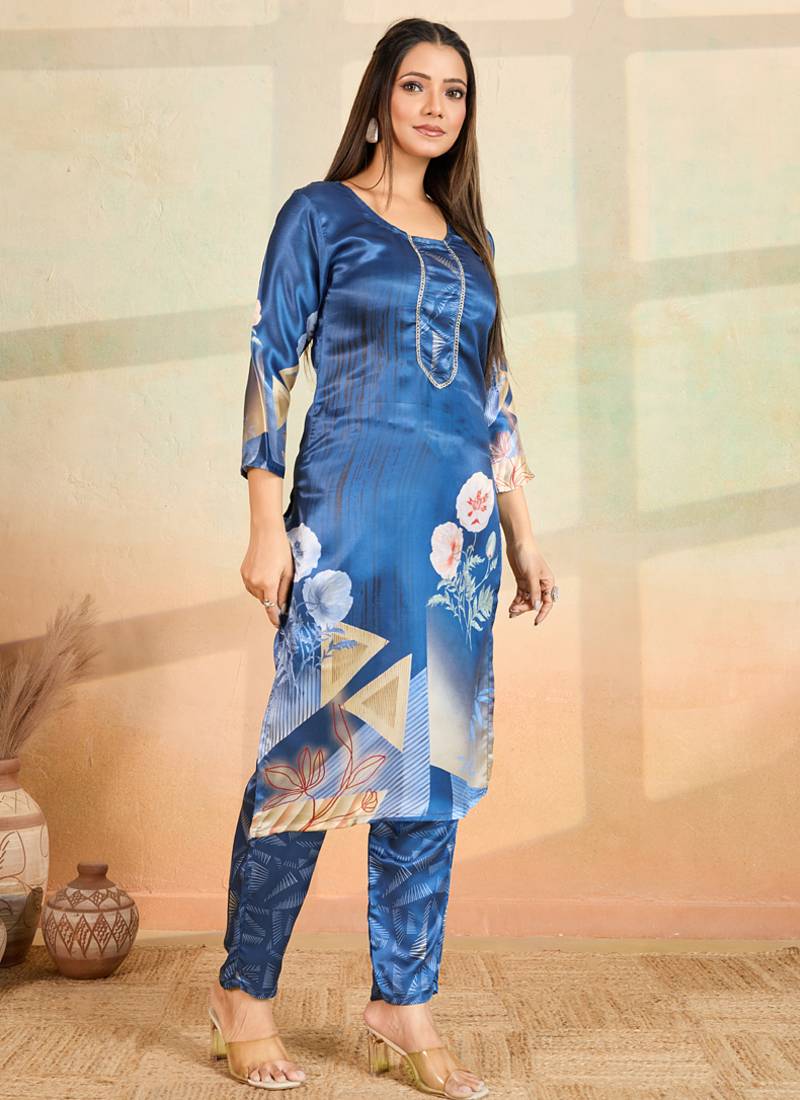Blue printed cotton reyon kurta pant set