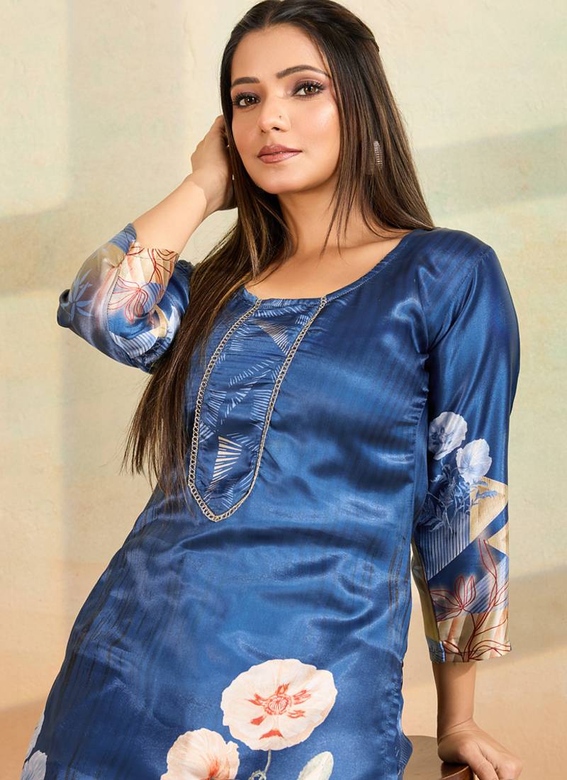 Blue printed cotton reyon kurta pant set