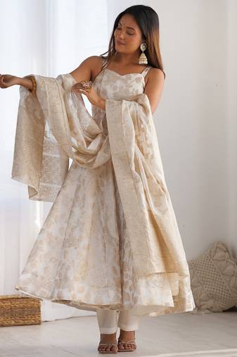 Royal cream banarasi dola silk designer anarkali gown set