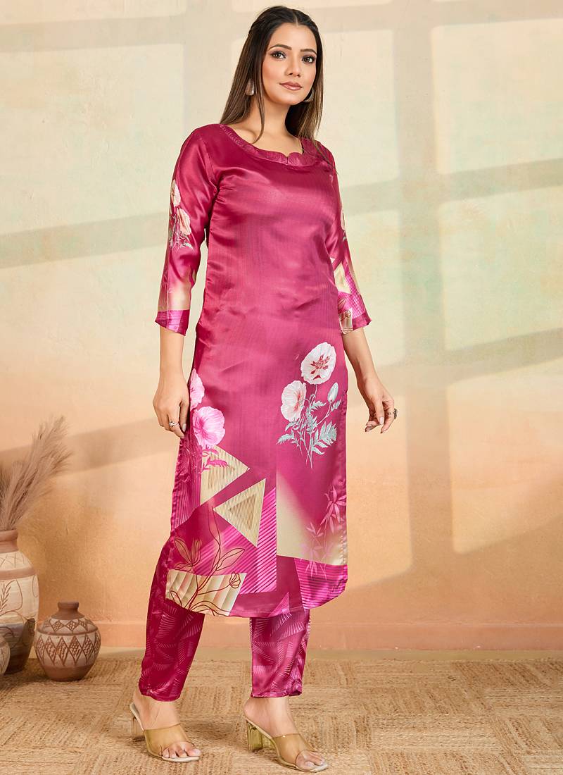 Pink printed cotton reyon kurta pant set