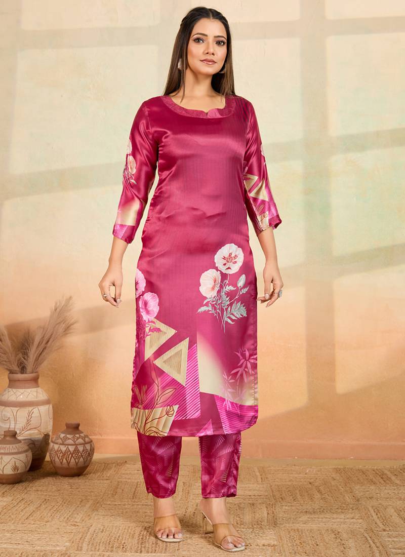 Pink printed cotton reyon kurta pant set