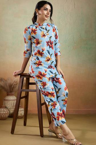 Sky blue printed cotton blend co-ord set