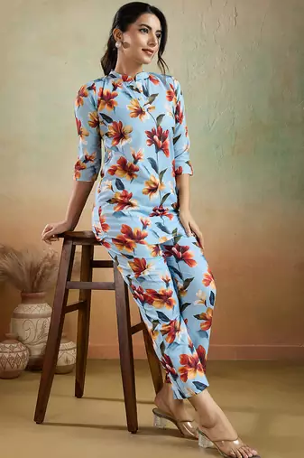 Sky blue printed cotton blend co-ord set