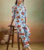 Sky blue printed cotton blend co-ord set