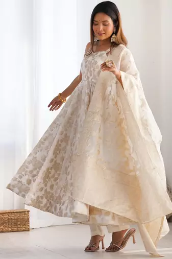 cream banarasi dola silk anarkali set