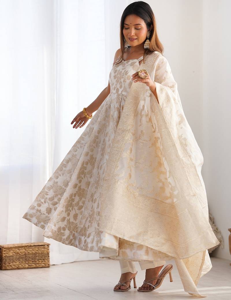 Royal cream banarasi dola silk designer anarkali gown set