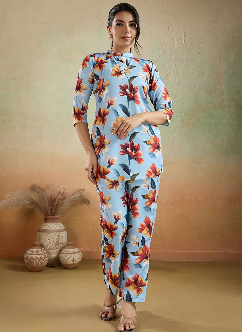 Sky blue printed cotton blend co-ord set