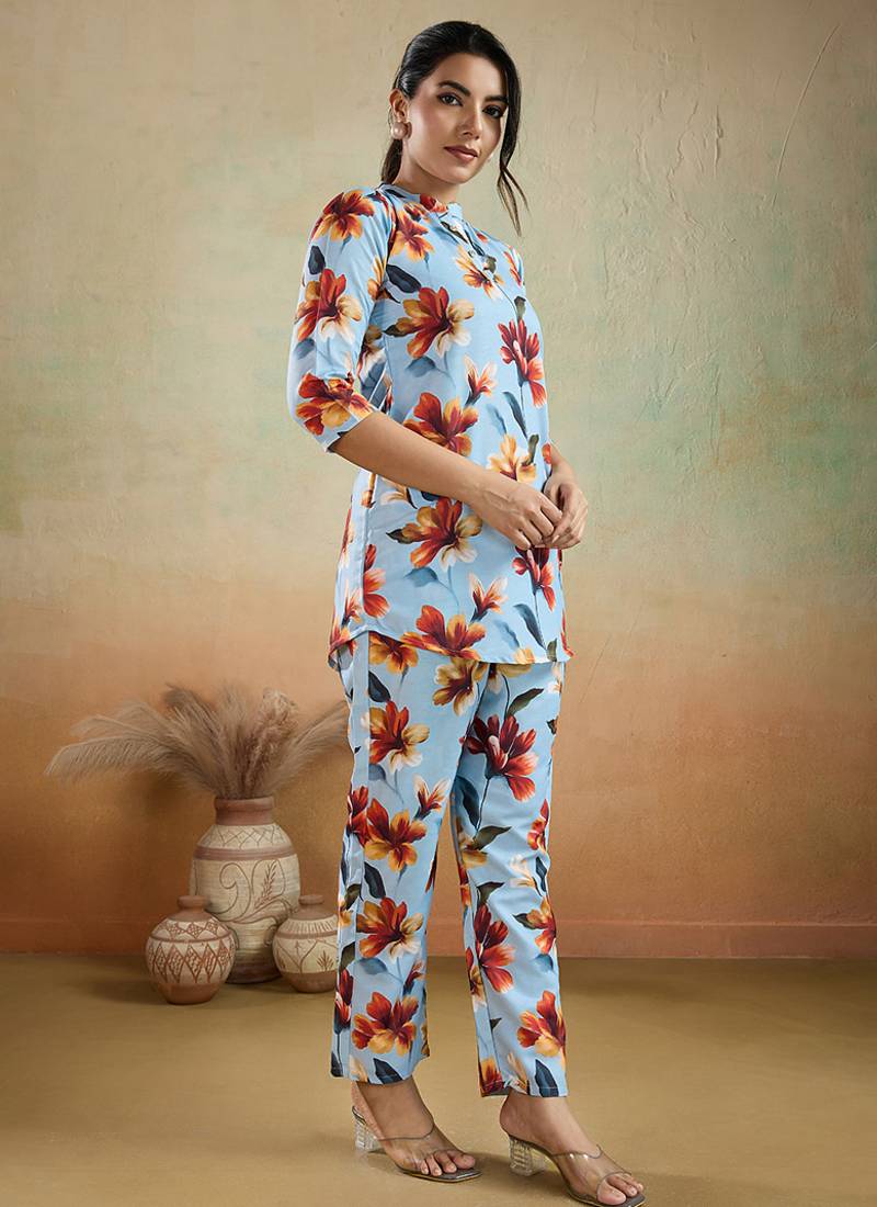 Sky blue printed cotton blend co-ord set