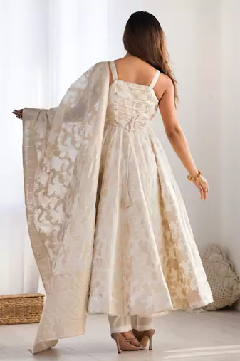 cream banarasi dola silk anarkali set