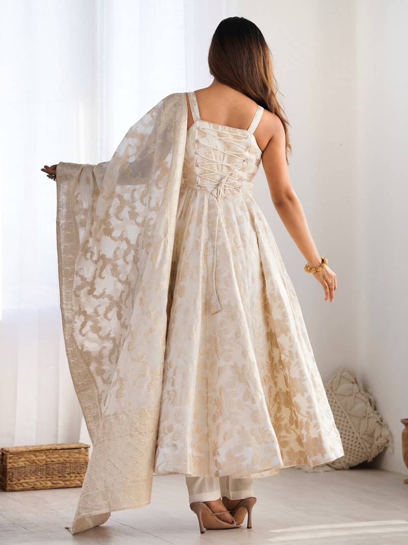 Royal cream banarasi dola silk designer anarkali gown set