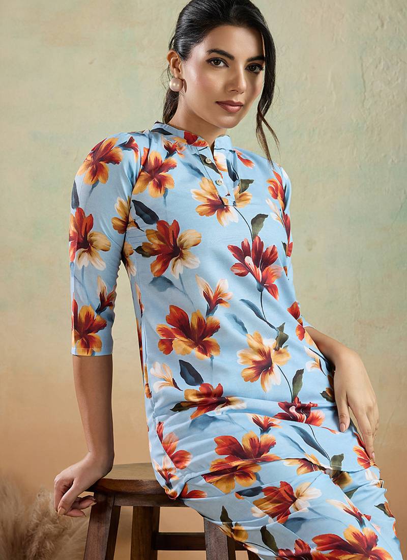 Sky blue printed cotton blend co-ord set