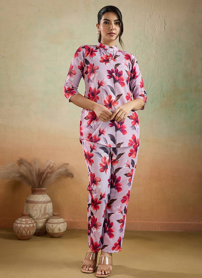 Light pink printed cotton blend co-ord set