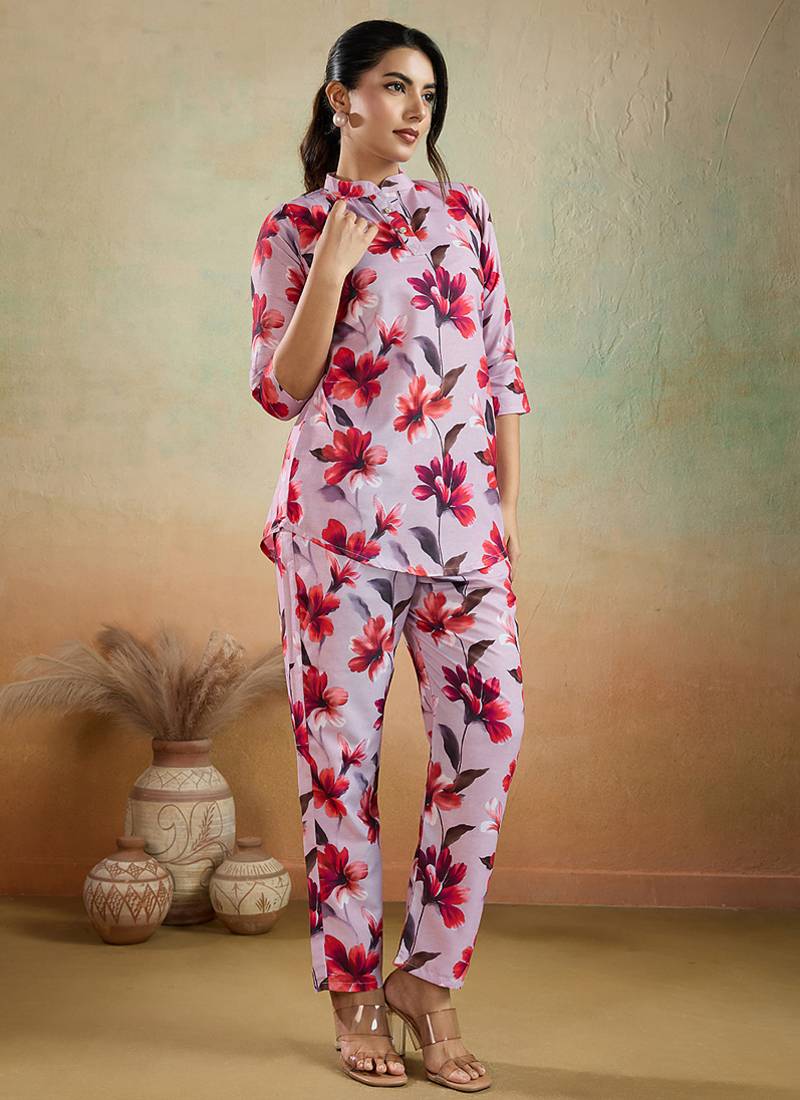 Light pink printed cotton blend co-ord set