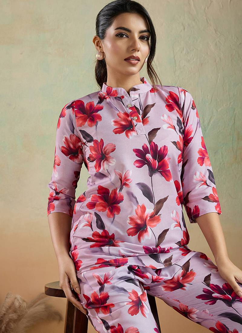 Light pink printed cotton blend co-ord set