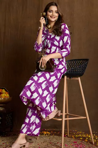 Purple printed cotton blend kurta pant set