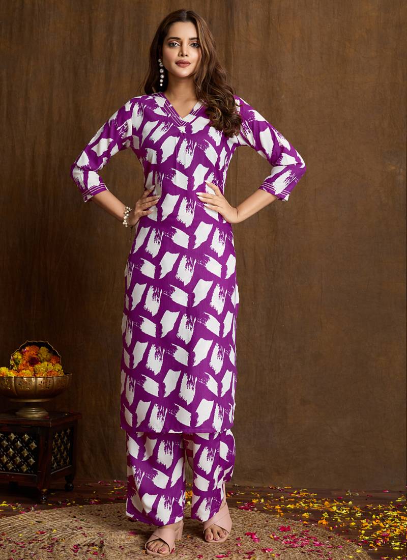 Purple printed cotton blend kurta pant set