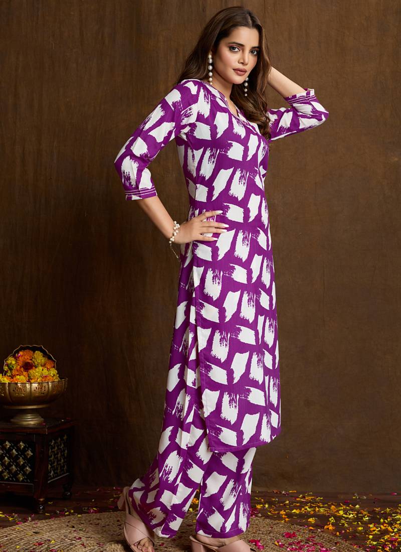 Purple printed cotton blend kurta pant set