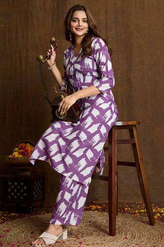 Wine printed cotton blend kurta pant set