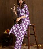Wine printed cotton blend kurta pant set