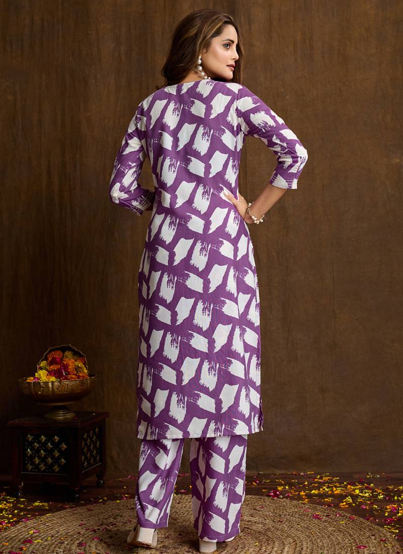 Wine printed cotton blend kurta pant set