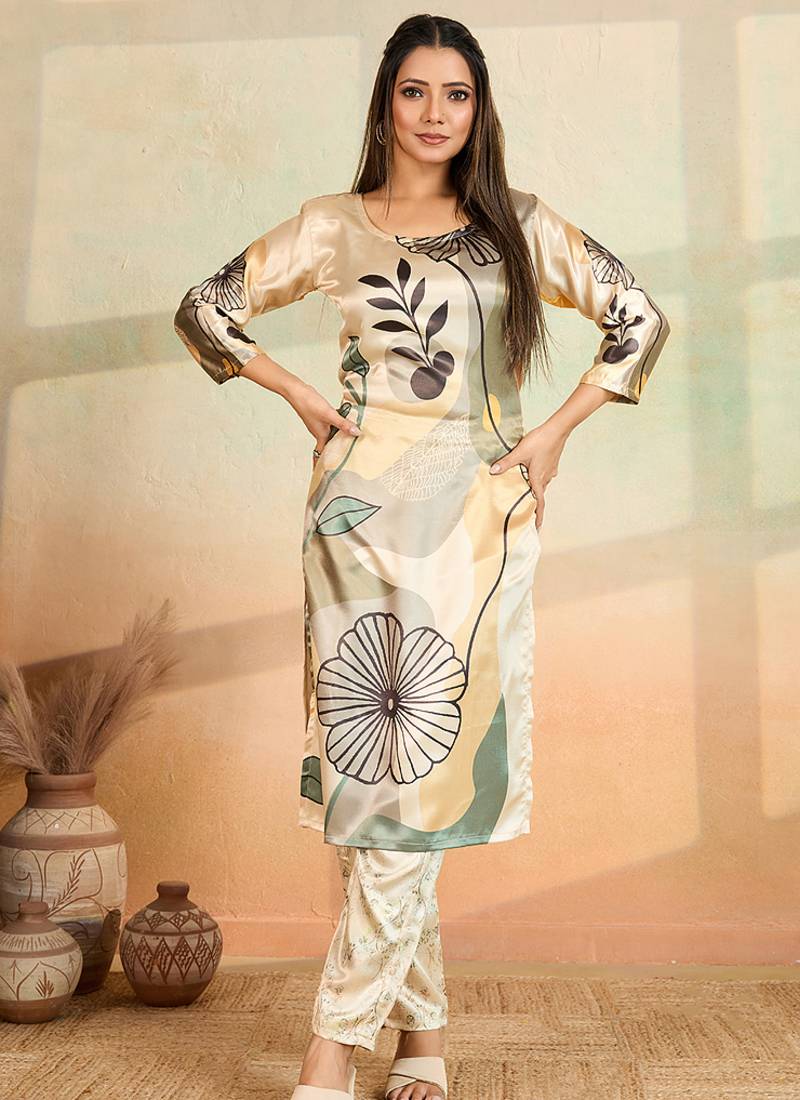 Beige printed cotton reyon kurta pant set