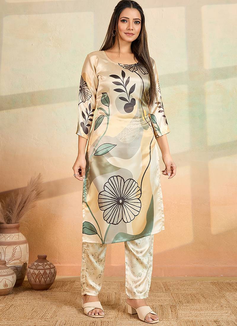 Beige printed cotton reyon kurta pant set