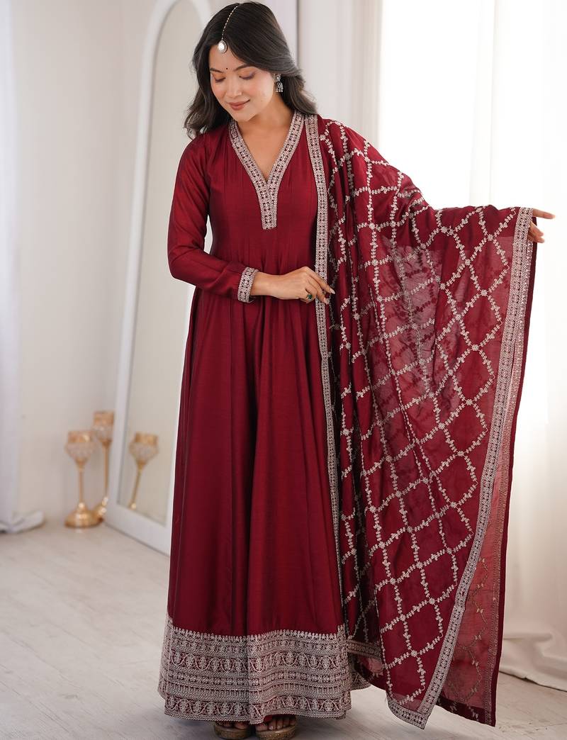 Heavy blooming vichitra silk full flare anarkali gown with dupatta