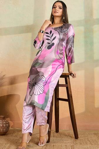 Baby pink printed cotton reyon kurta pant set