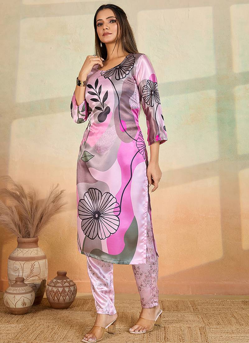 Baby pink printed cotton reyon kurta pant set