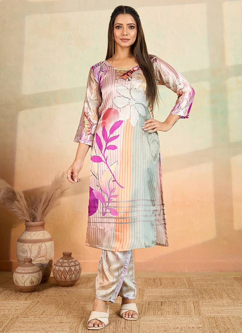 Multi color printed cotton reyon kurta pant set