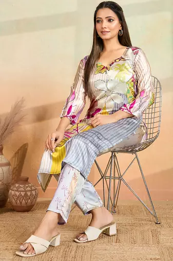 Multi color printed cotton reyon kurta pant set