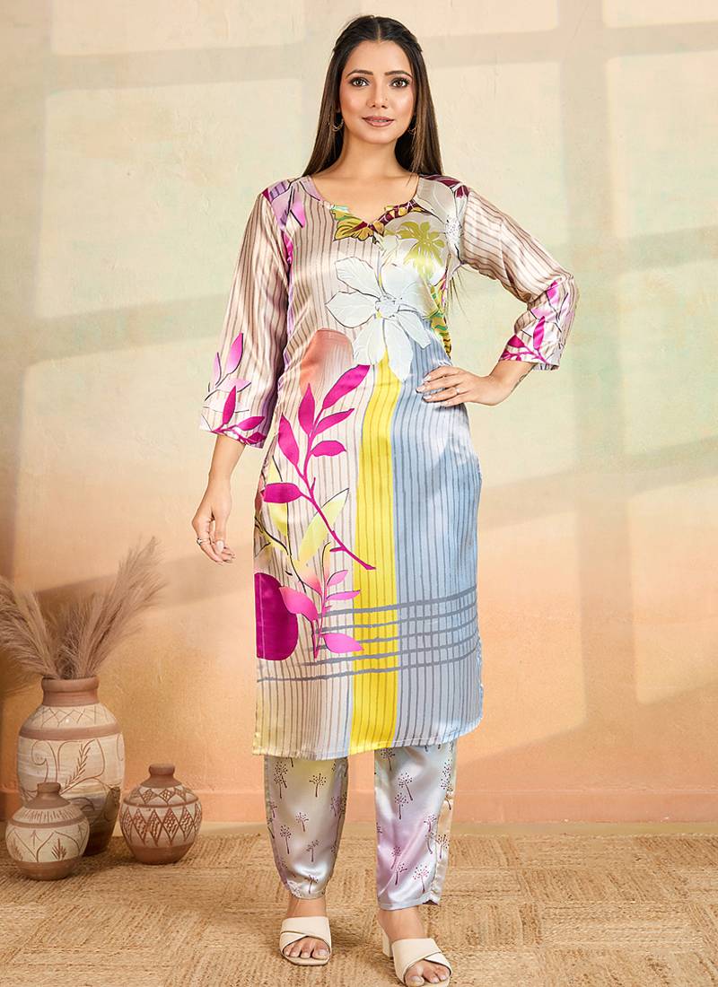 Multi color printed cotton reyon kurta pant set