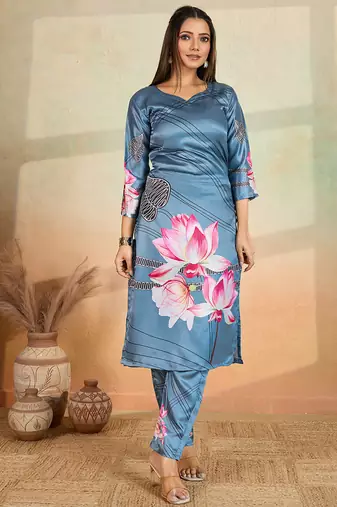 Grey printed cotton reyon kurta pant set