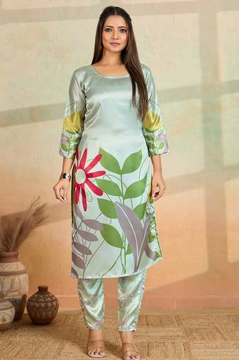 Light pista printed cotton reyon kurta pant set