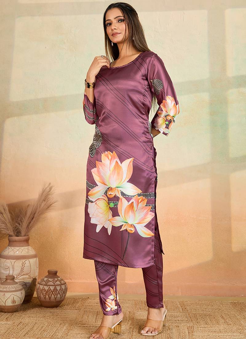 Onion pink printed cotton reyon kurta pant set