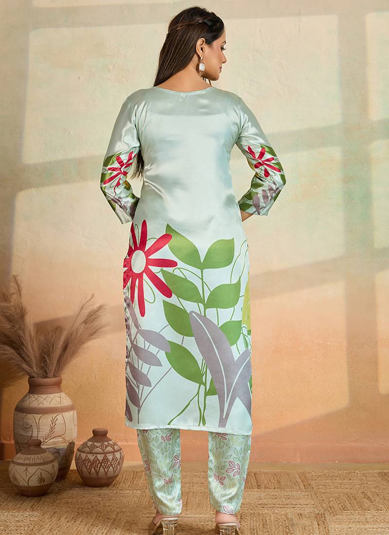 Light pista printed cotton reyon kurta pant set