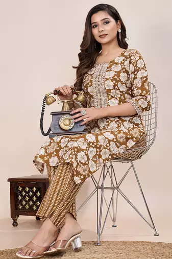Beige printed cotton blend kurta pant set